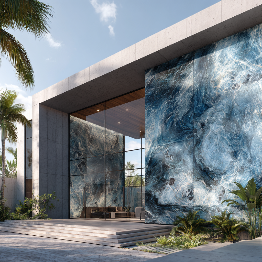 Fachada arquitectónica revestida en Mármol Diazul por Recubrimientos Naturales, ideal para residencias y edificios de lujo en Cancún y la Riviera Maya.
