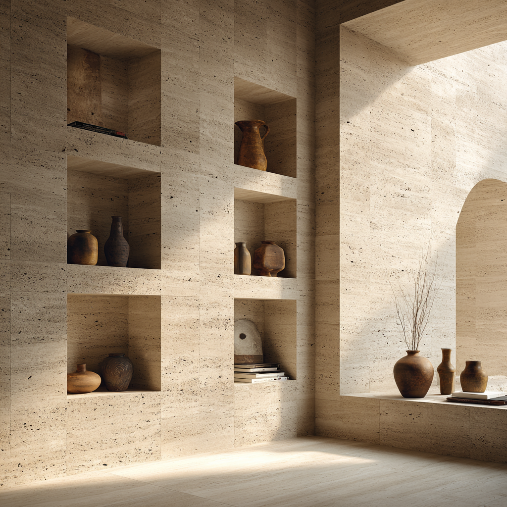 Muro interior revestido con mármol Travertino en espacio arquitectónico de lujo – proyecto en Cancún y Riviera Maya
