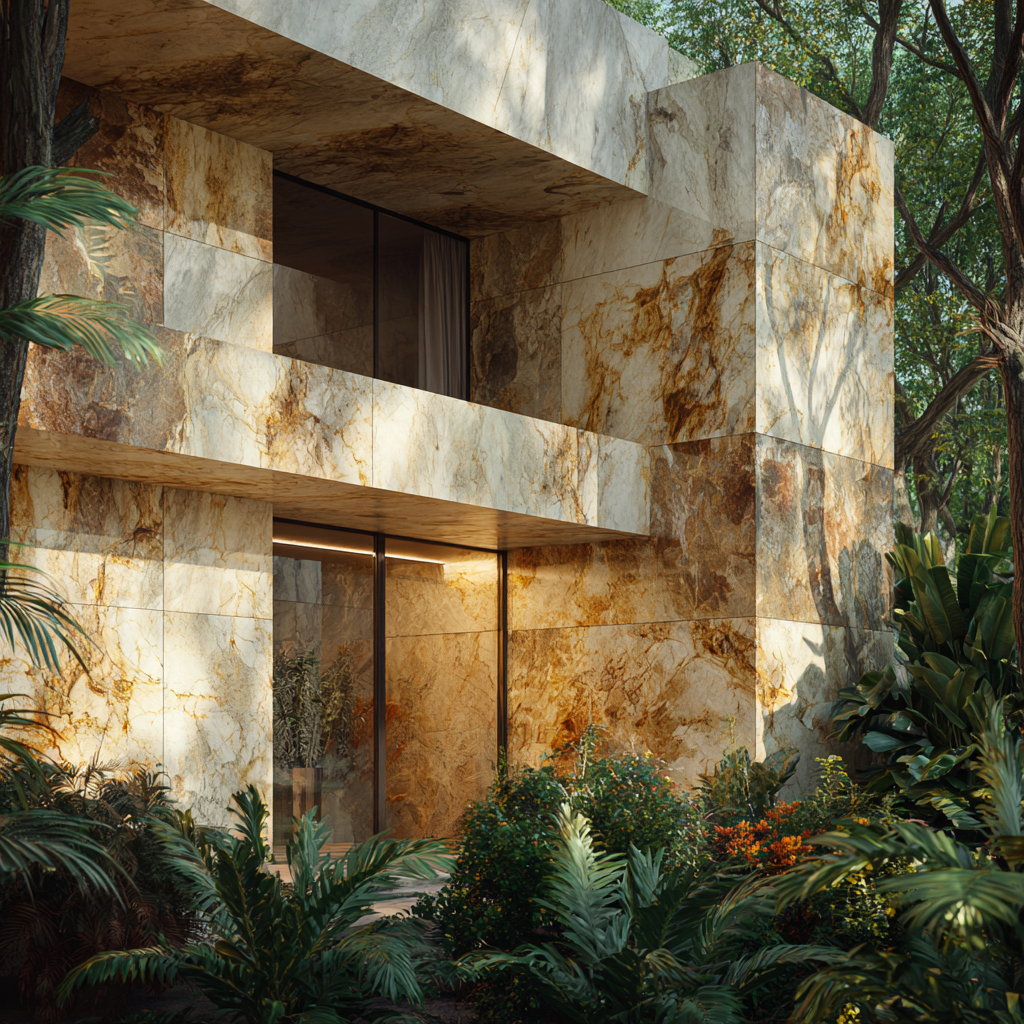 Fachada arquitectónica moderna completamente revestida en Mármol Dorado Tepexi de Recubrimientos Naturales, ideal para residencias de lujo en Cancún y la Riviera Maya.