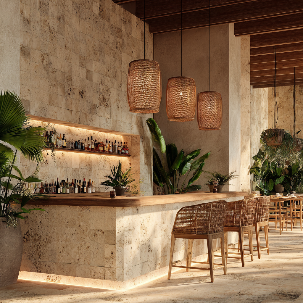 Restaurante boutique en Riviera Maya con muros de Mármol Travertino – diseño elegante para proyectos comerciales en Cancún