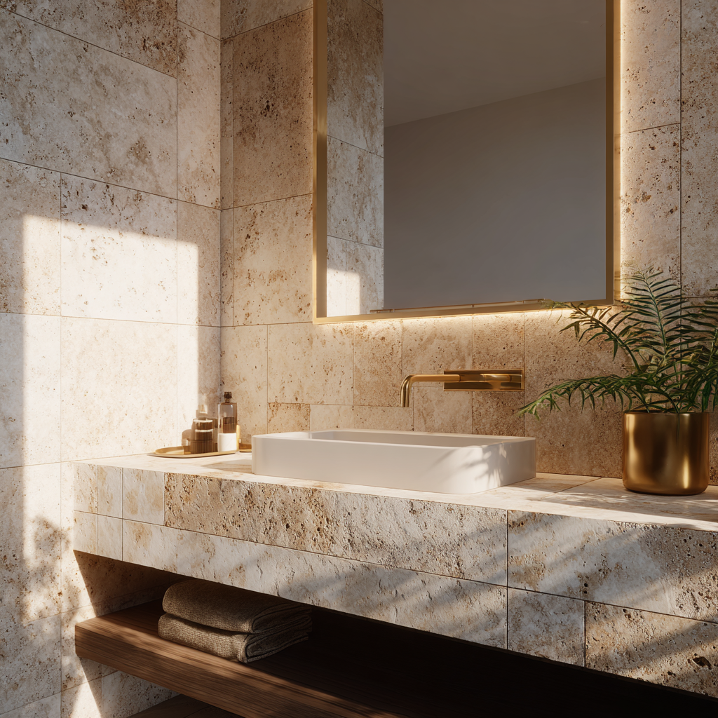 Vanity de baño en Mármol Travertino natural – diseño sofisticado para interiores residenciales en Cancún y la Riviera Maya