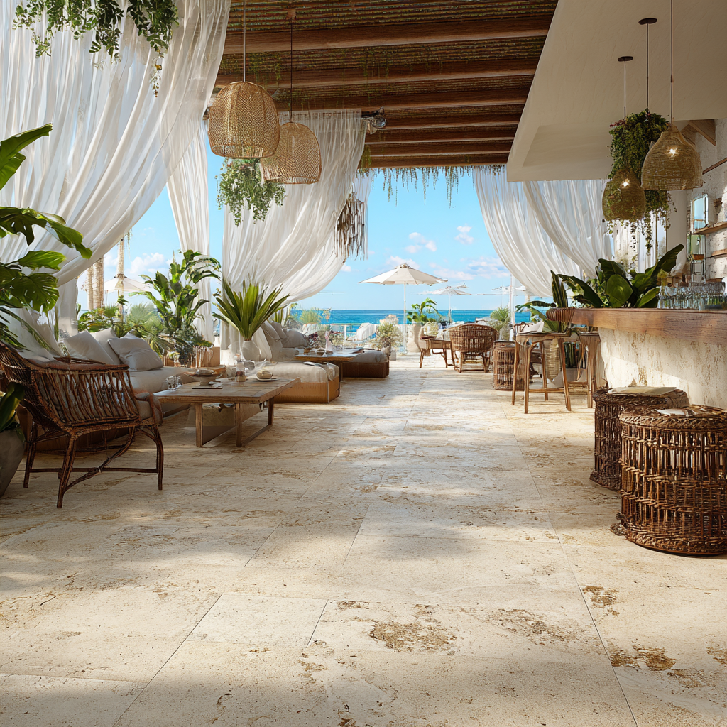 Club de playa elegante en Cancún con piso de mármol Travertino – instalación de lujo en la Riviera Maya