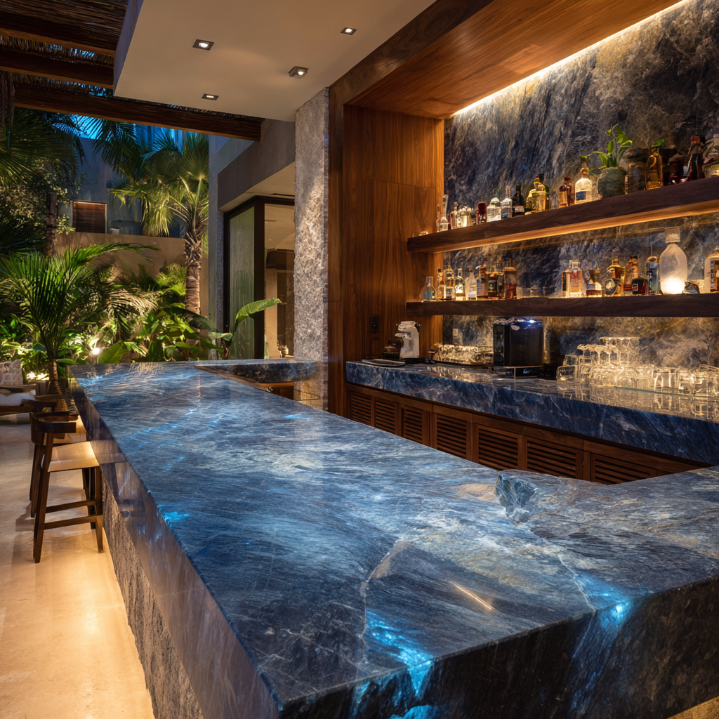 Bar elegante en casa con cubierta de Mármol Diazul, ubicado en la Riviera Maya. Diseño sofisticado con iluminación ambiental.