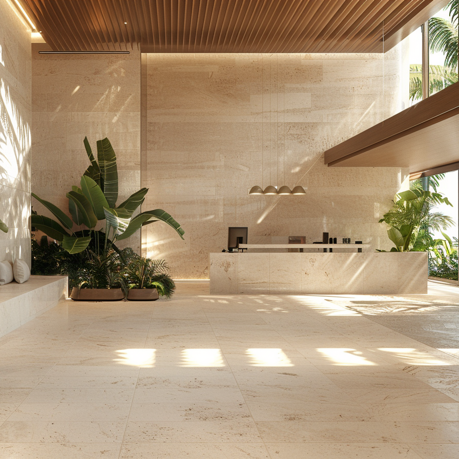 Lobby tropical elegante con revestimiento de Mármol Crema Mexicano de Recubrimientos Naturales, ideal para hoteles en la Riviera Maya.