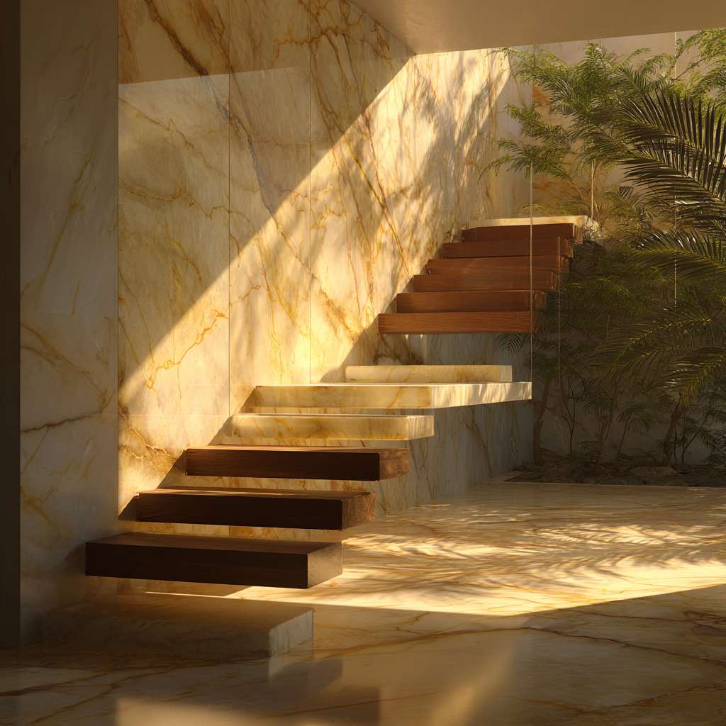 Escalera flotante de lujo elaborada con Mármol Dorado Tepexi de Recubrimientos Naturales, ideal para proyectos residenciales y hoteleros en Cancún y la Riviera Maya.