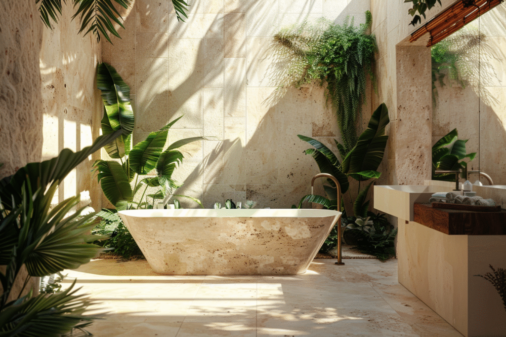 Tina escultórica de lujo hecha en Mármol Crema Mexicano por Recubrimientos Naturales, ubicada en entorno tropical tipo Riviera Maya.