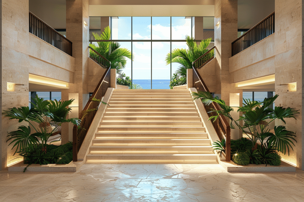 Escalera monumental en atrio de hotel, elaborada en Mármol Crema Mexicano de Recubrimientos Naturales, diseño elegante para espacios de alto tráfico en Riviera Maya.