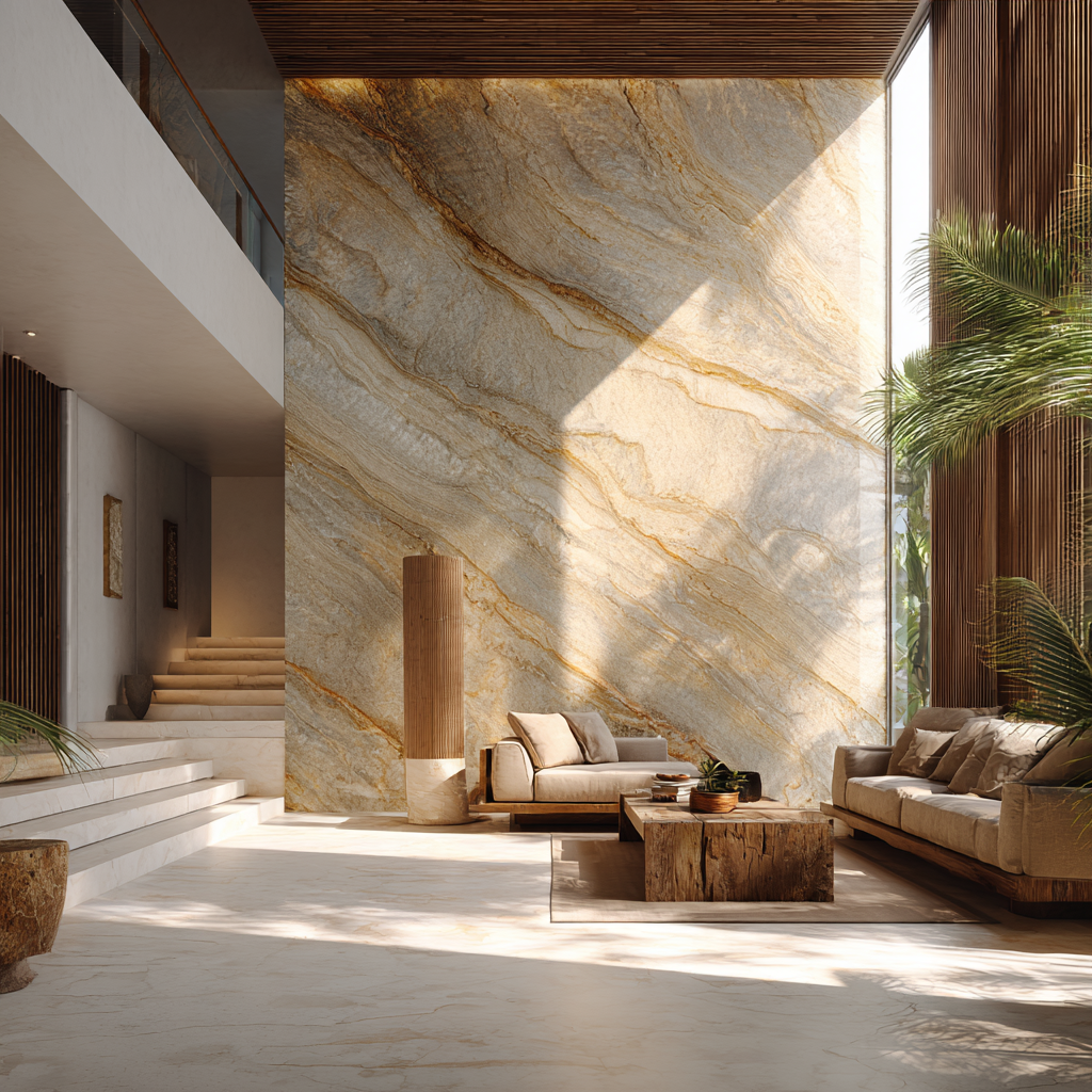 Interior de residencia tropical de lujo con paredes revestidas en Mármol Dorado Tepexi de Recubrimientos Naturales, distribuido en Cancún y la Riviera Maya.