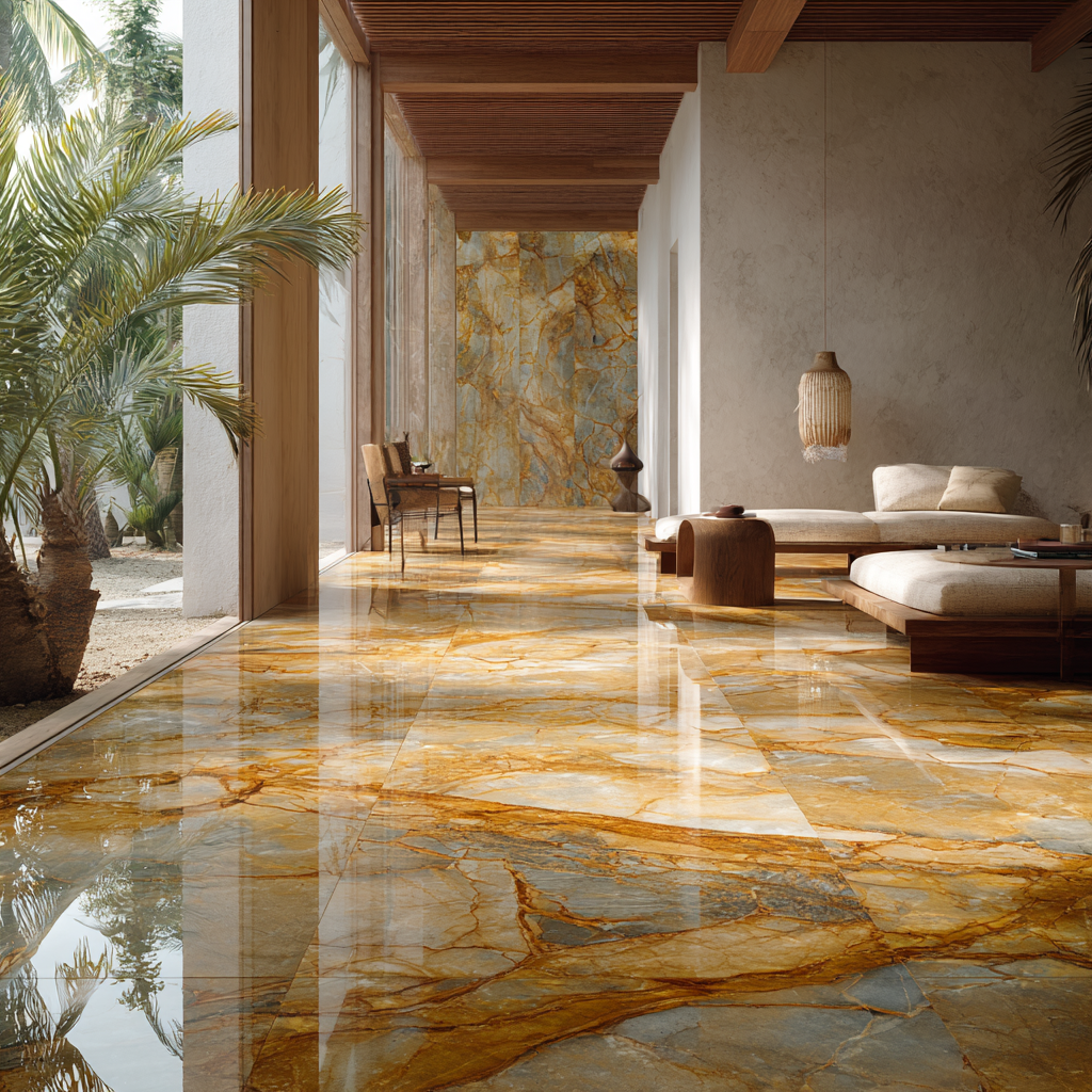 Piso interior de lujo elaborado con Mármol Dorado Tepexi de Recubrimientos Naturales, ideal para residencias y hoteles en Cancún y la Riviera Maya.