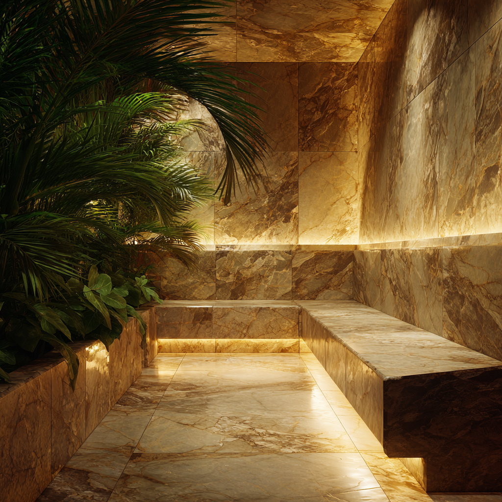 Cuarto de sauna de lujo revestido completamente en Mármol Dorado Tepexi de Recubrimientos Naturales, disponible en Cancún y la Riviera Maya.