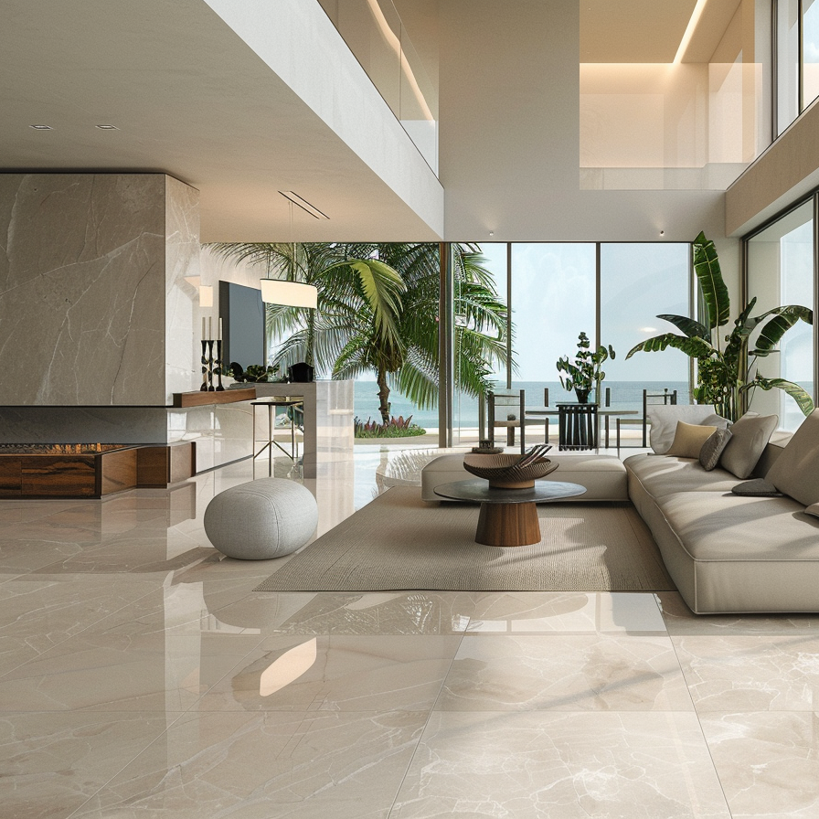 Sala de concepto abierto con piso de Mármol Crema Mexicano de Recubrimientos Naturales, estilo Riviera Maya.
