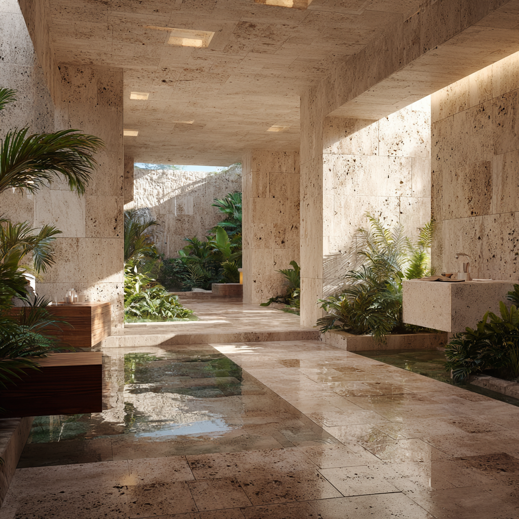 Spa tropical de lujo en la Riviera Maya con pisos y muros de Mármol Travertino – diseño natural y elegante