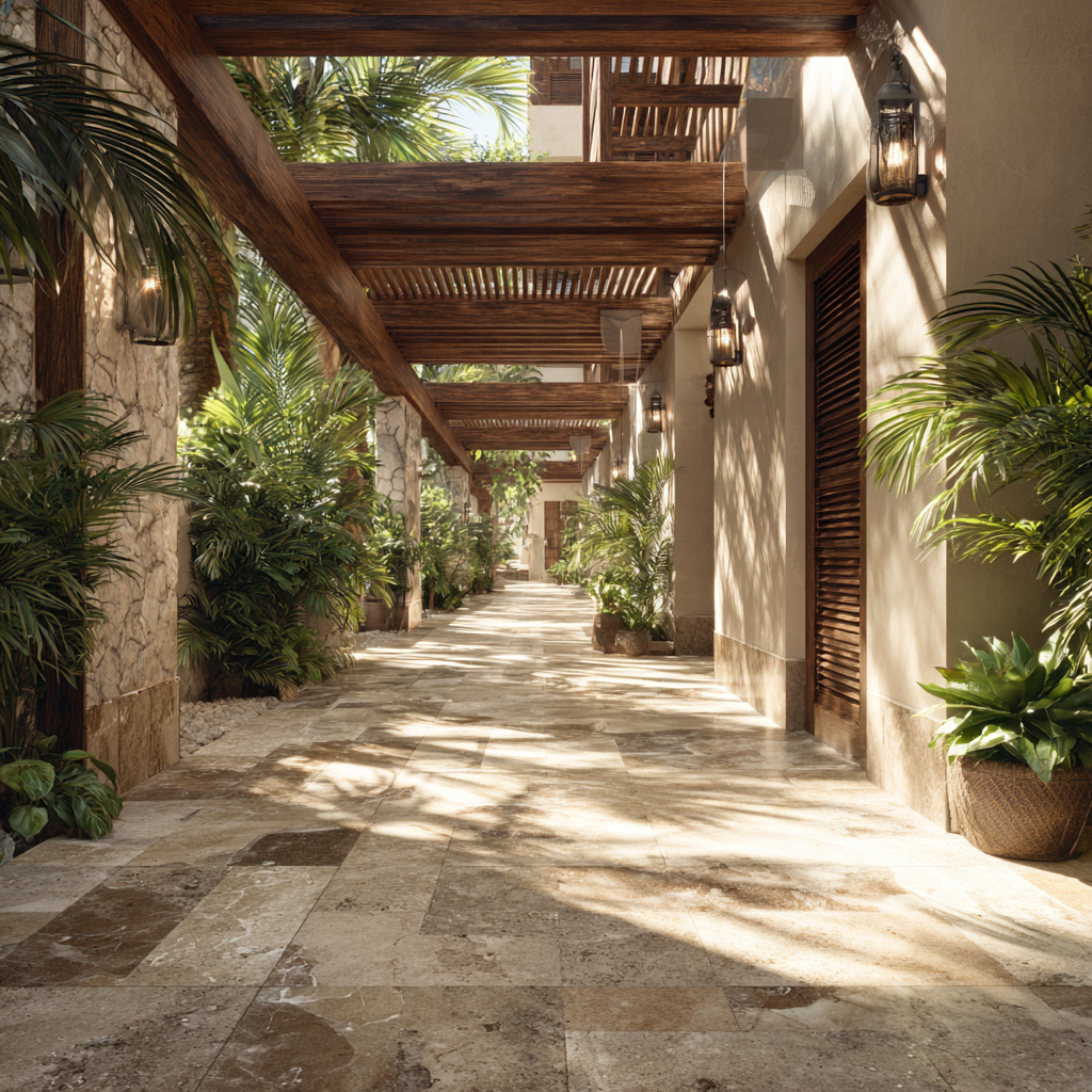 Pasillo abierto en resort de lujo con pisos de Mármol Travertino – diseño tropical en la Riviera Maya