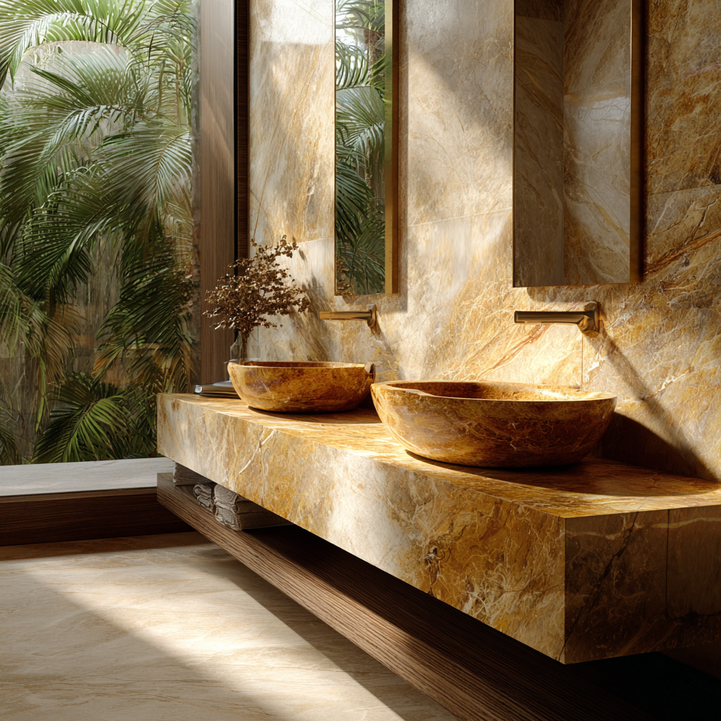 Vanity y lavabos esculpidos en Mármol Dorado Tepexi de Recubrimientos Naturales, ideal para proyectos de lujo en Cancún y la Riviera Maya.
