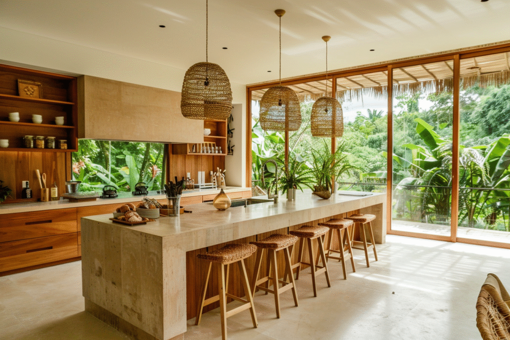 Cocina tropical de lujo con isla central cubierta de Mármol Crema Mexicano de Recubrimientos Naturales, en la Riviera Maya.