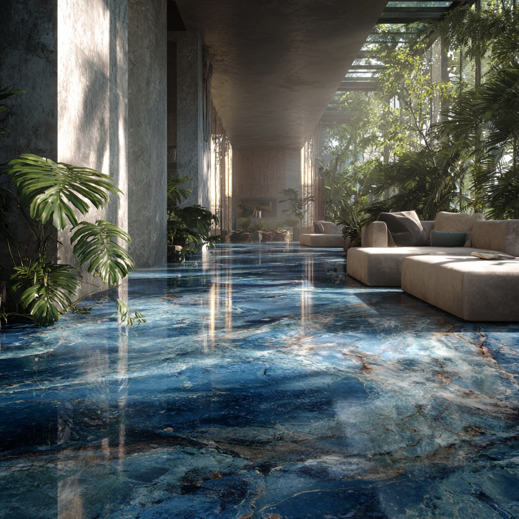 Sala moderna con piso de Mármol Diazul, iluminación natural y diseño arquitectónico sofisticado en la Riviera Maya.
