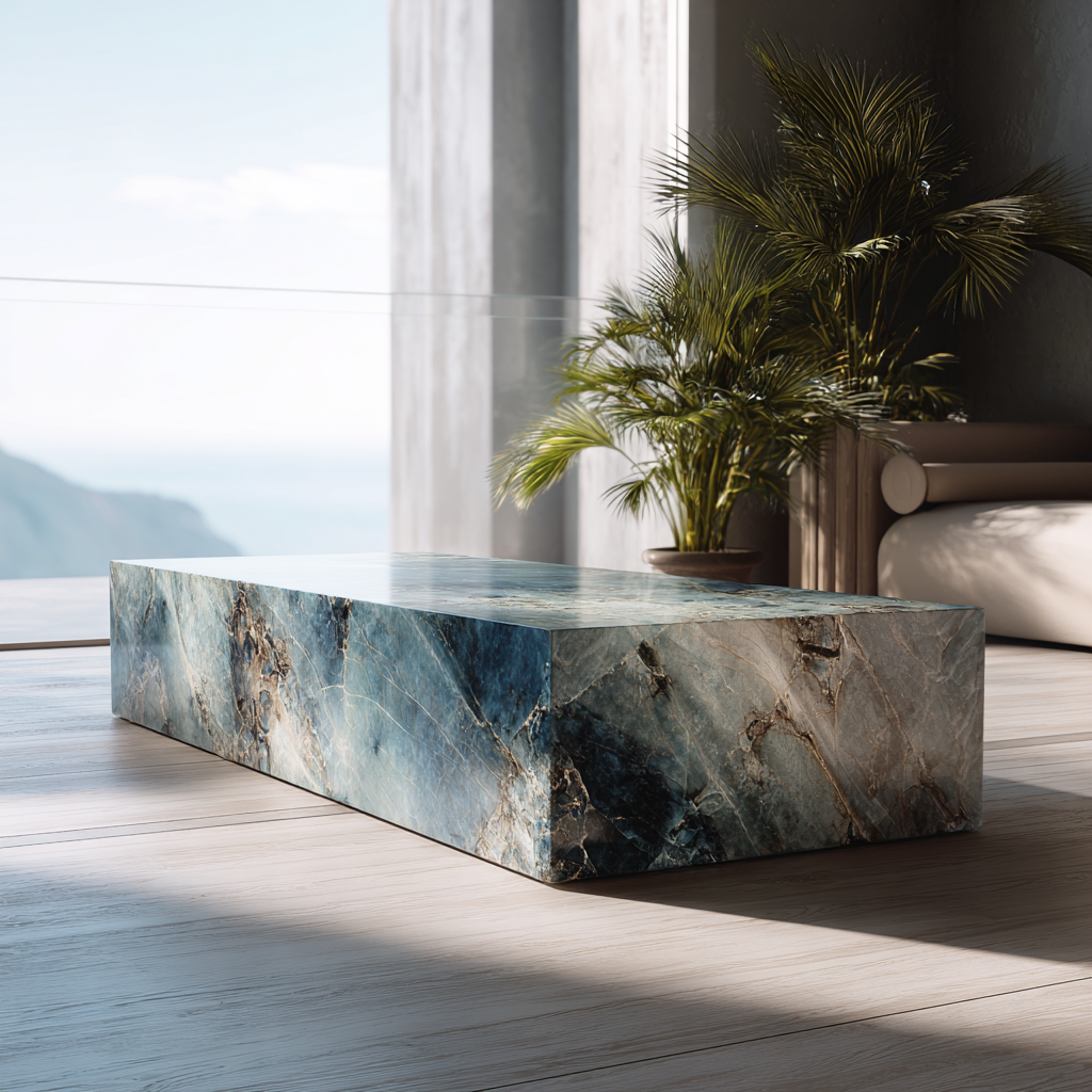 Mesa de centro de diseño elaborada con Mármol Diazul de Recubrimientos Naturales. Ideal para interiores modernos en Cancún y la Riviera Maya.
