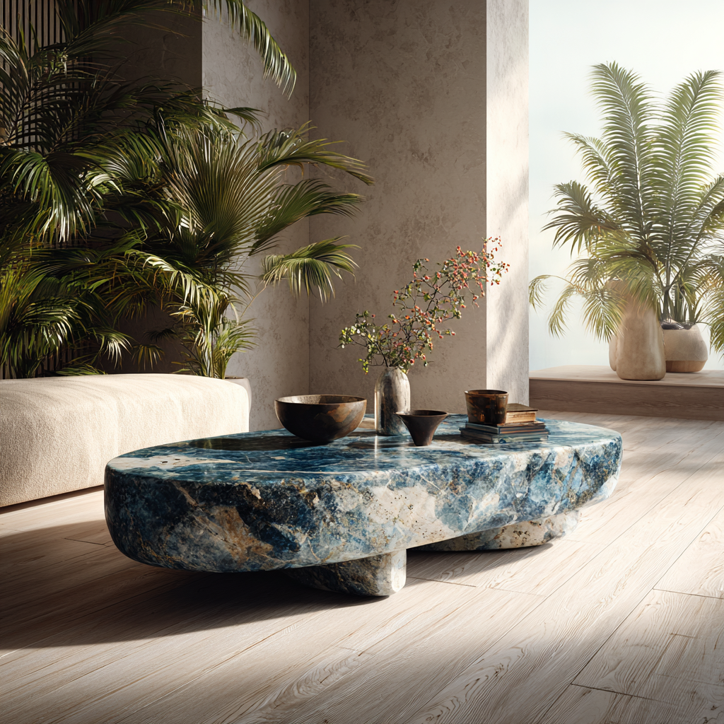 Mesa de centro de diseño fabricada con Mármol Diazul por Recubrimientos Naturales, ideal para espacios modernos en Cancún y la Riviera Maya.