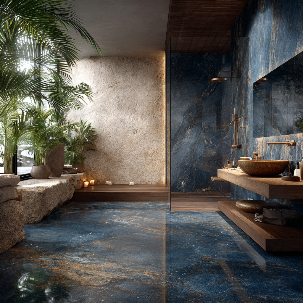 Baño tropical de lujo con piso y muros de Mármol Diazul, vegetación interior y diseño arquitectónico contemporáneo.