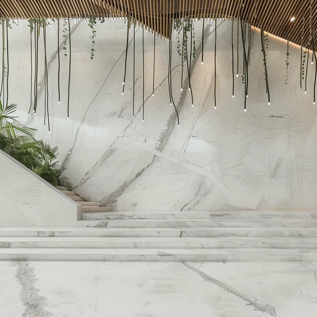 Lobby de hotel boutique con diseño escultural revestido en Mármol Blanco Génesis de Recubrimientos Naturales en Cancún y la Riviera Maya.