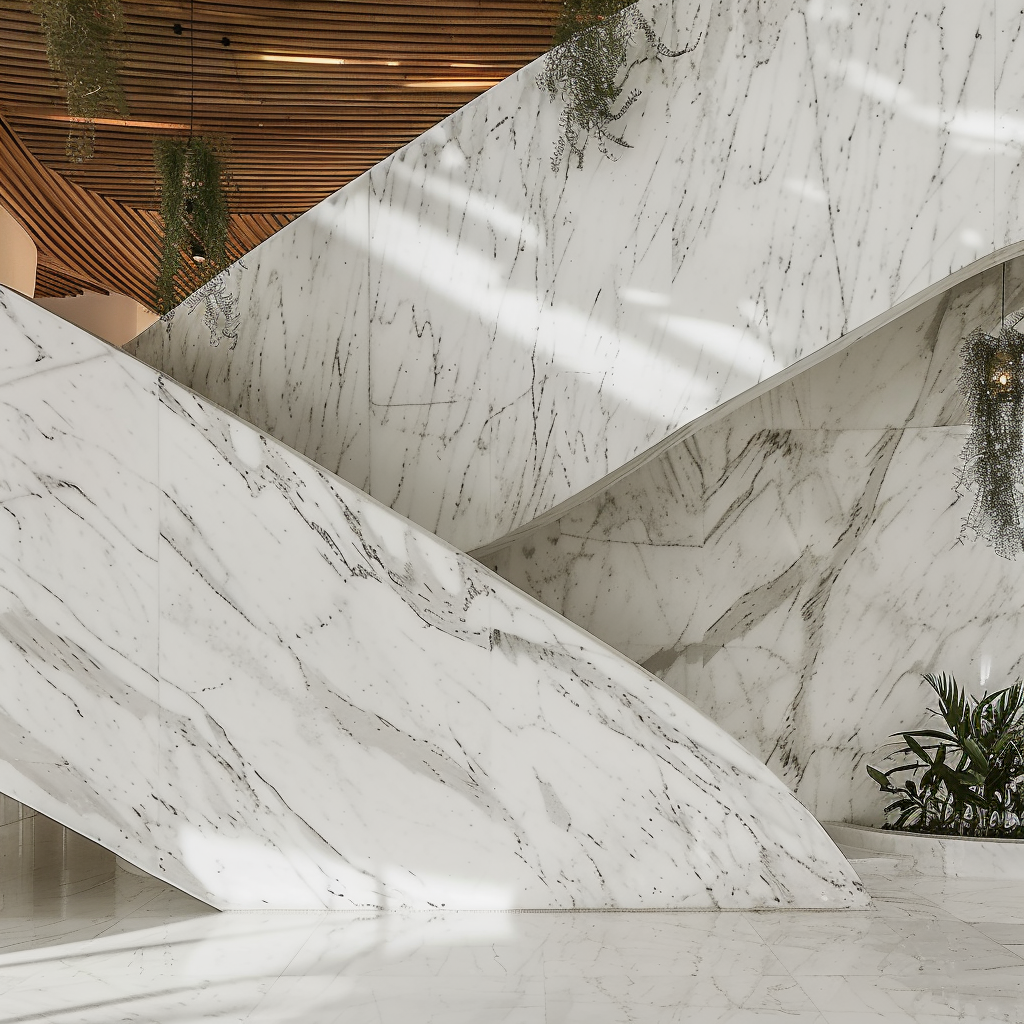 Lobby de hotel boutique con escaleras de diseño revestidas en Mármol Blanco Génesis de Recubrimientos Naturales, en Cancún y la Riviera Maya.