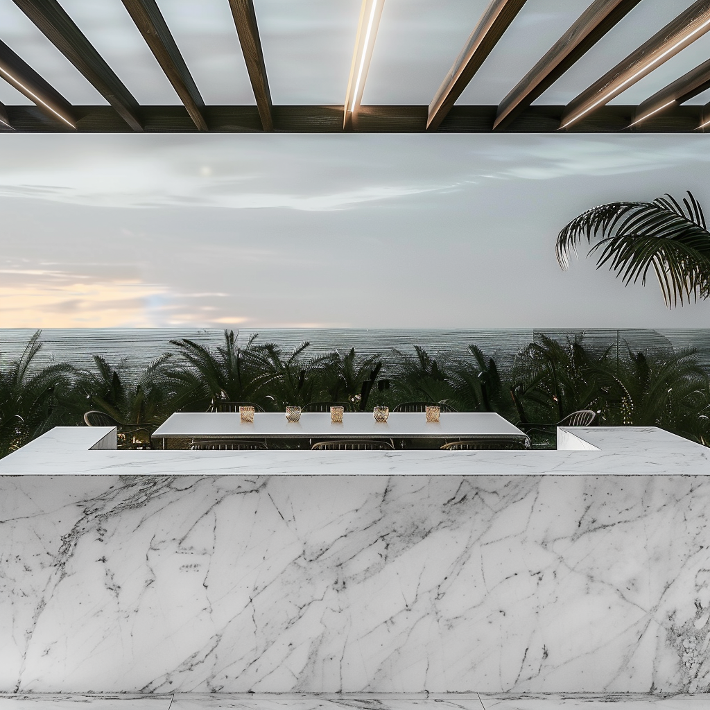 Terraza de lujo frente al mar con jacuzzi revestido en Mármol Blanco Génesis de Recubrimientos Naturales en Cancún y la Riviera Maya.