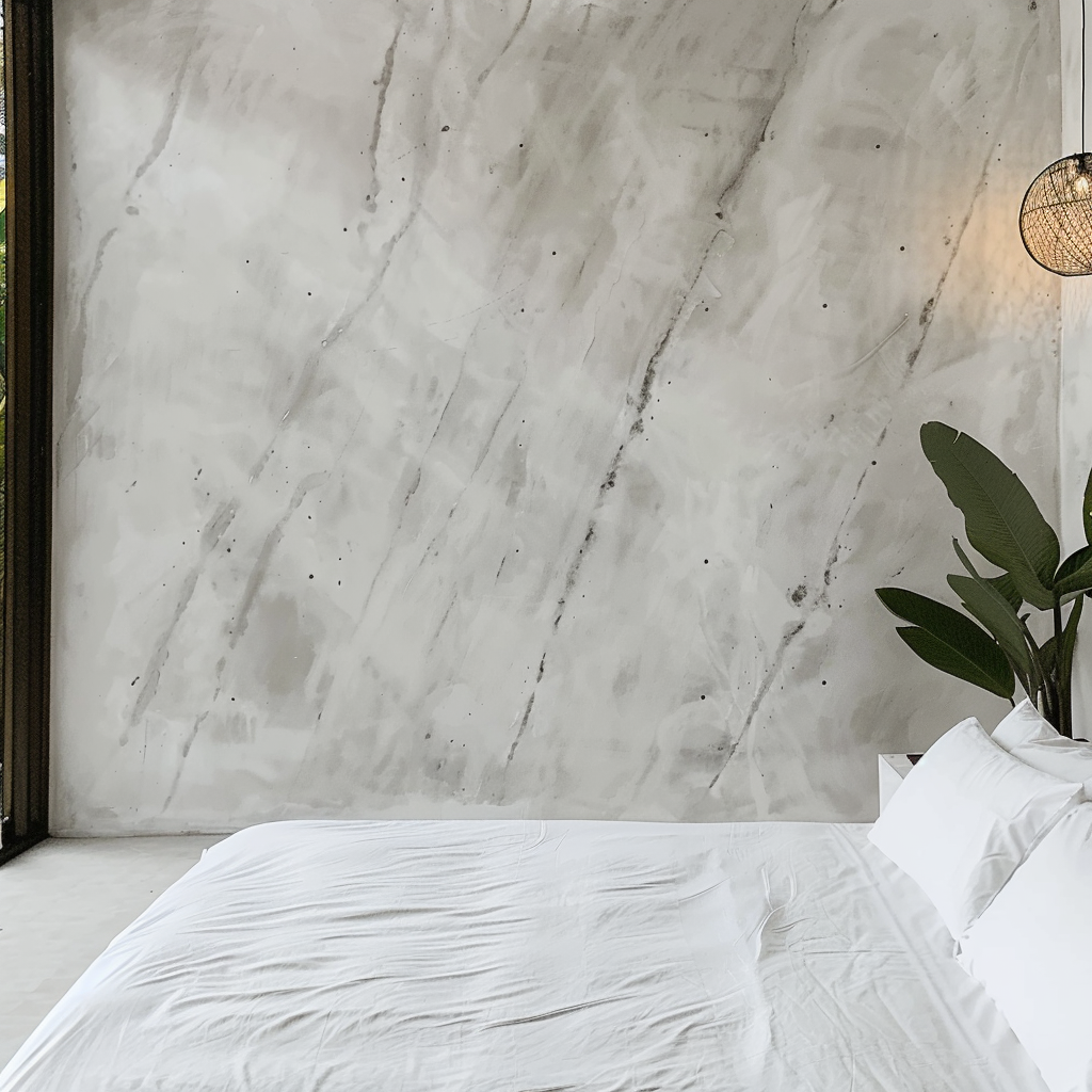 Suite moderna de lujo con pared de Mármol Blanco Génesis de Recubrimientos Naturales en Cancún y Riviera Maya.