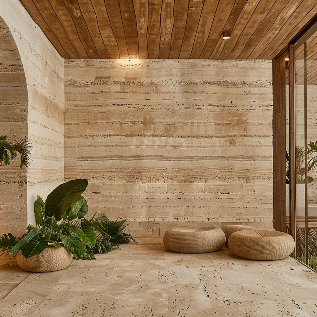 Spa boutique revestido en Mármol Travertino Veracruz de Recubrimientos Naturales. Espacio de relajación natural en Cancún, con distribución en toda la Riviera Maya.