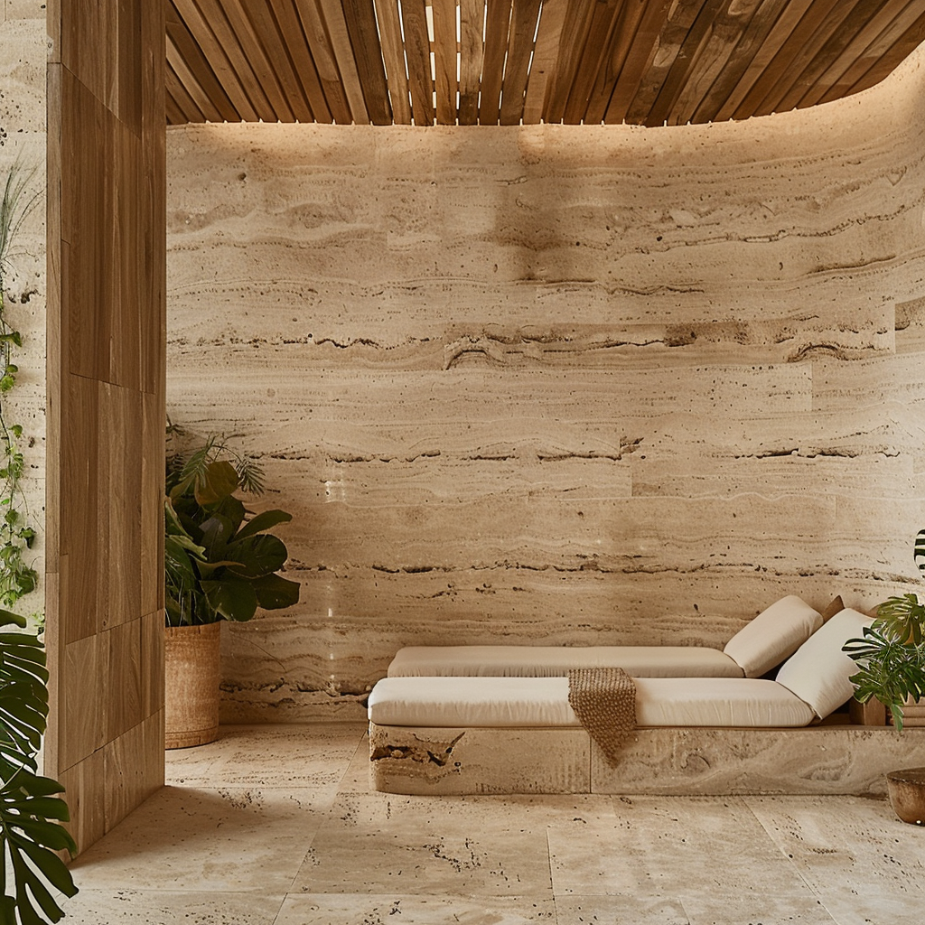 Spa boutique de lujo con revestimiento de Mármol Travertino Veracruz de Recubrimientos Naturales, disponible en Cancún con distribución en toda la Riviera Maya.