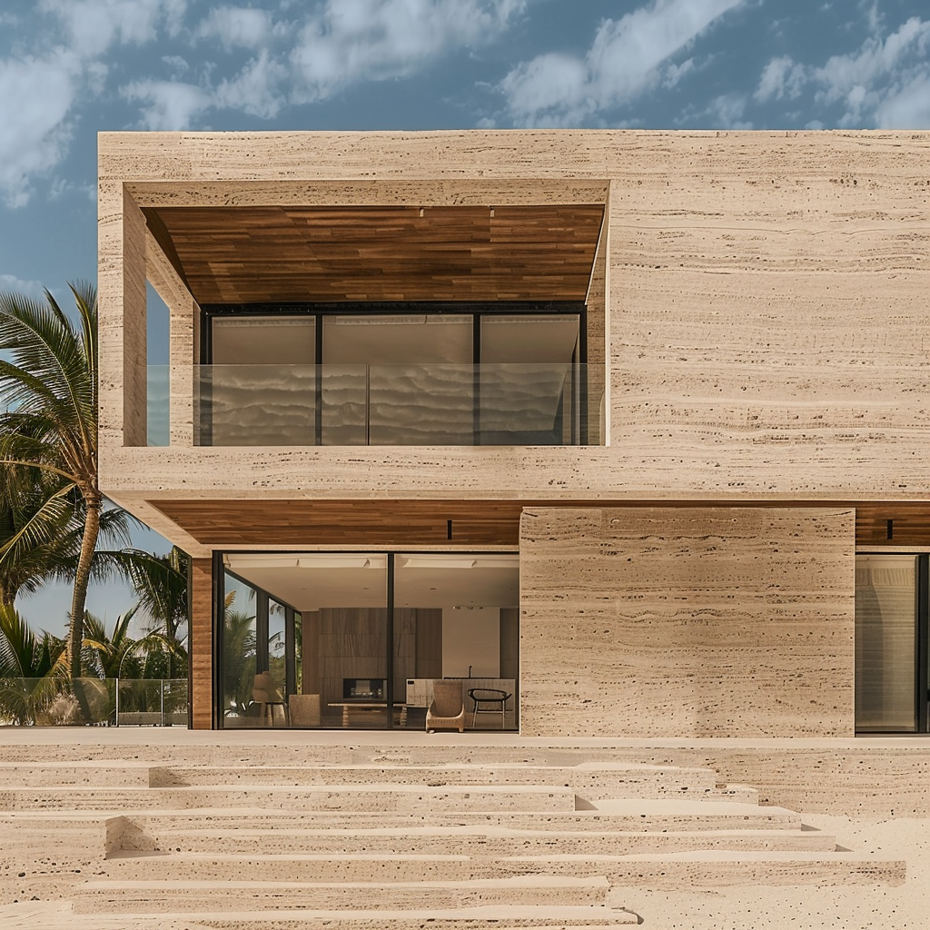 Fachada contemporánea revestida en Mármol Travertino Veracruz de Recubrimientos Naturales. Proyecto frente al mar en Cancún, con distribución a toda la Riviera Maya.