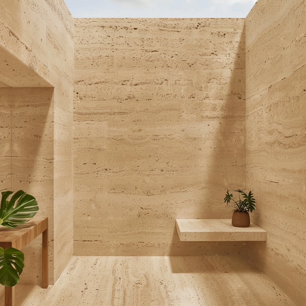 Ducha minimalista con mármol Travertino Veracruz, revestimiento natural de lujo distribuido por Recubrimientos Naturales en Cancún y Riviera Maya.