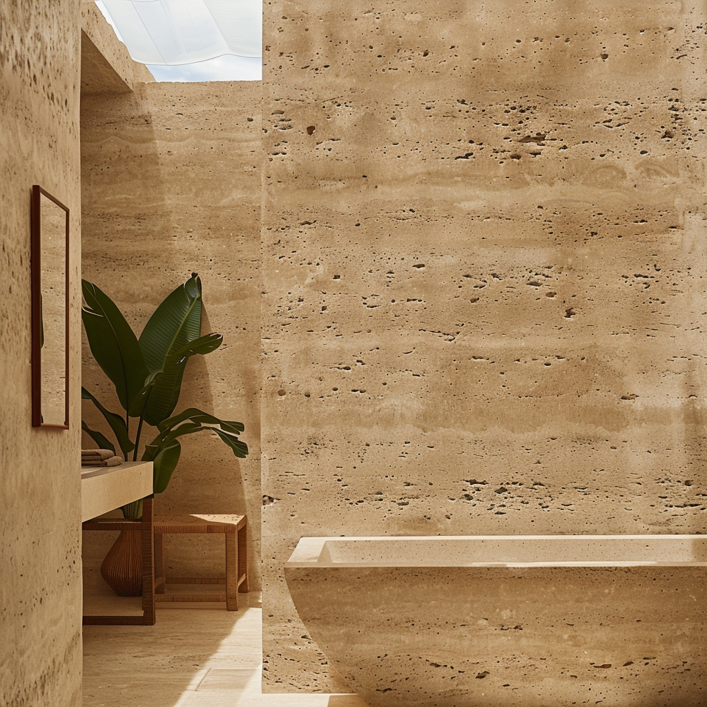 Baño minimalista con revestimiento de Mármol Travertino Veracruz de Recubrimientos Naturales, ideal para interiores de lujo en Cancún y la Riviera Maya.