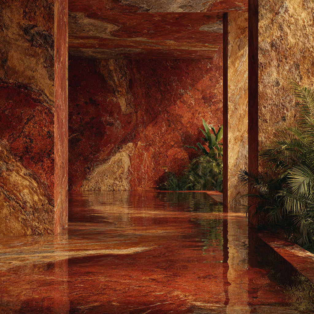 Entrada de un spa tropical de lujo revestida con Mármol Travertino Rojo, distribuido por Recubrimientos Naturales en Cancún para toda la Riviera Maya.