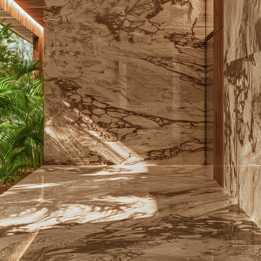 Recubrimiento de Mármol Café Peñuela en villa tipo jungla en Cancún – Recubrimientos Naturales Riviera Maya