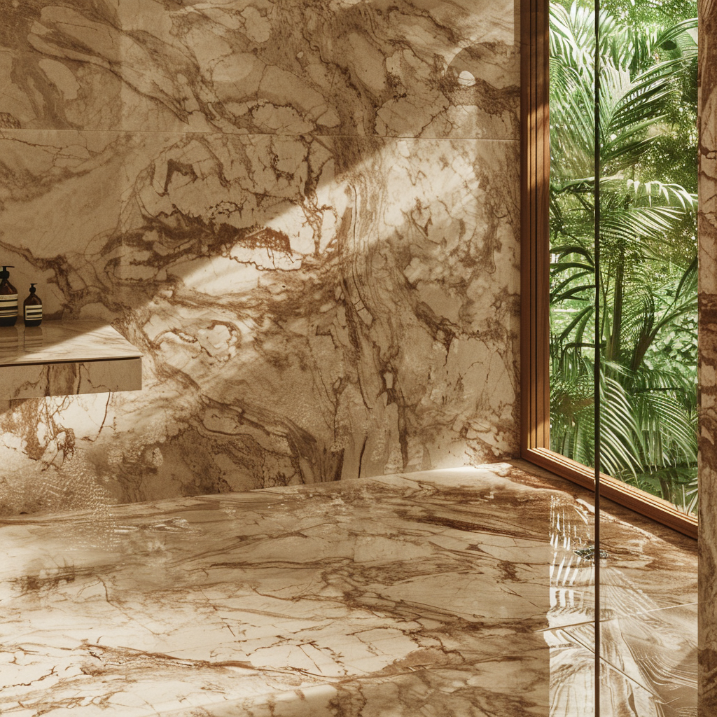 Mármol Café Peñuela en muros de baño tipo spa con iluminación natural en Cancún