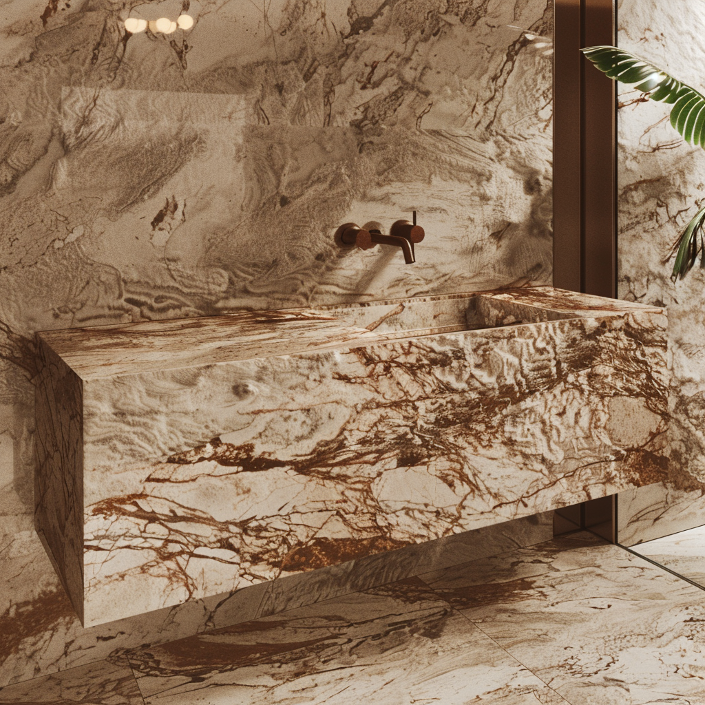 Lavabo flotante de Mármol Café Peñuela en baño moderno en Cancún – Recubrimientos Naturales