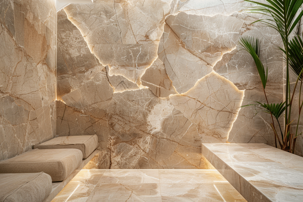 Spa interior en Cancún decorado con Mármol Beige Maya – Recubrimientos Naturales Riviera Maya