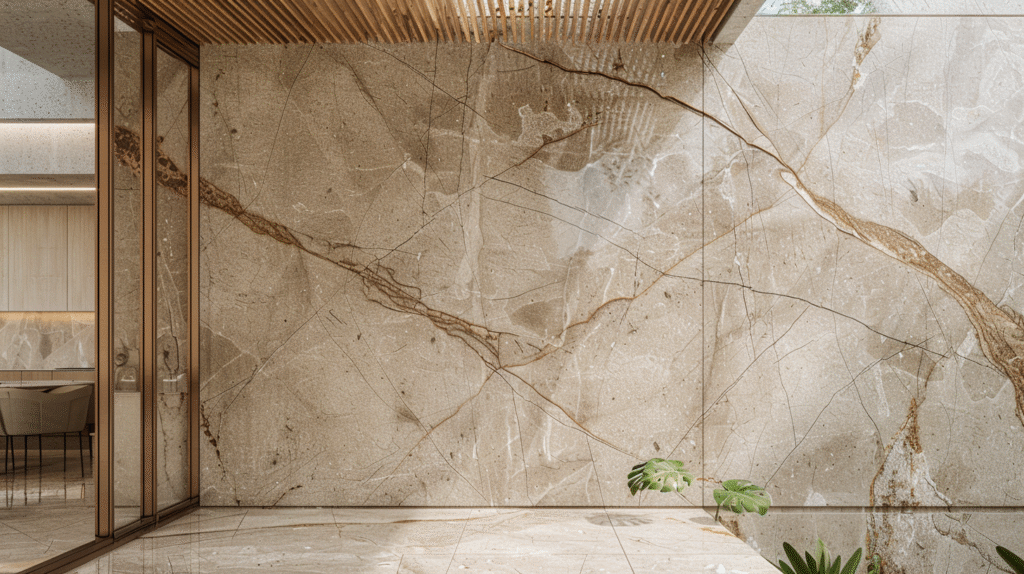 Pared minimalista con Mármol Beige Maya en proyecto residencial en Cancún y Riviera Maya
