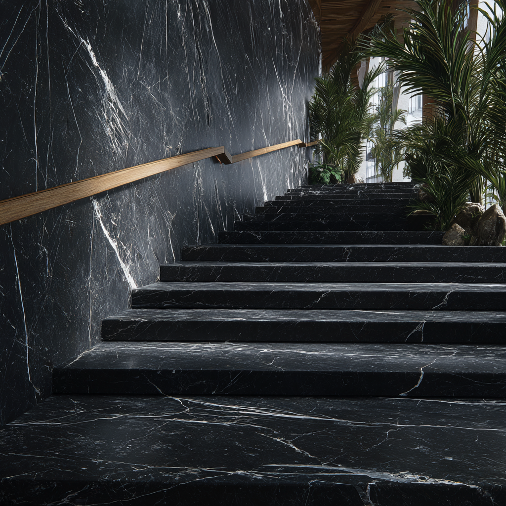 Escalera monumental revestida con Mármol Negro Querétaro de Recubrimientos Naturales, ideal para proyectos de lujo en Cancún y la Riviera Maya.