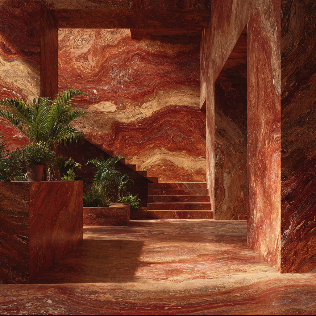 Lobby de hotel con muros y pisos en Mármol Travertino Rojo, distribuido por Recubrimientos Naturales en Cancún y la Riviera Maya.