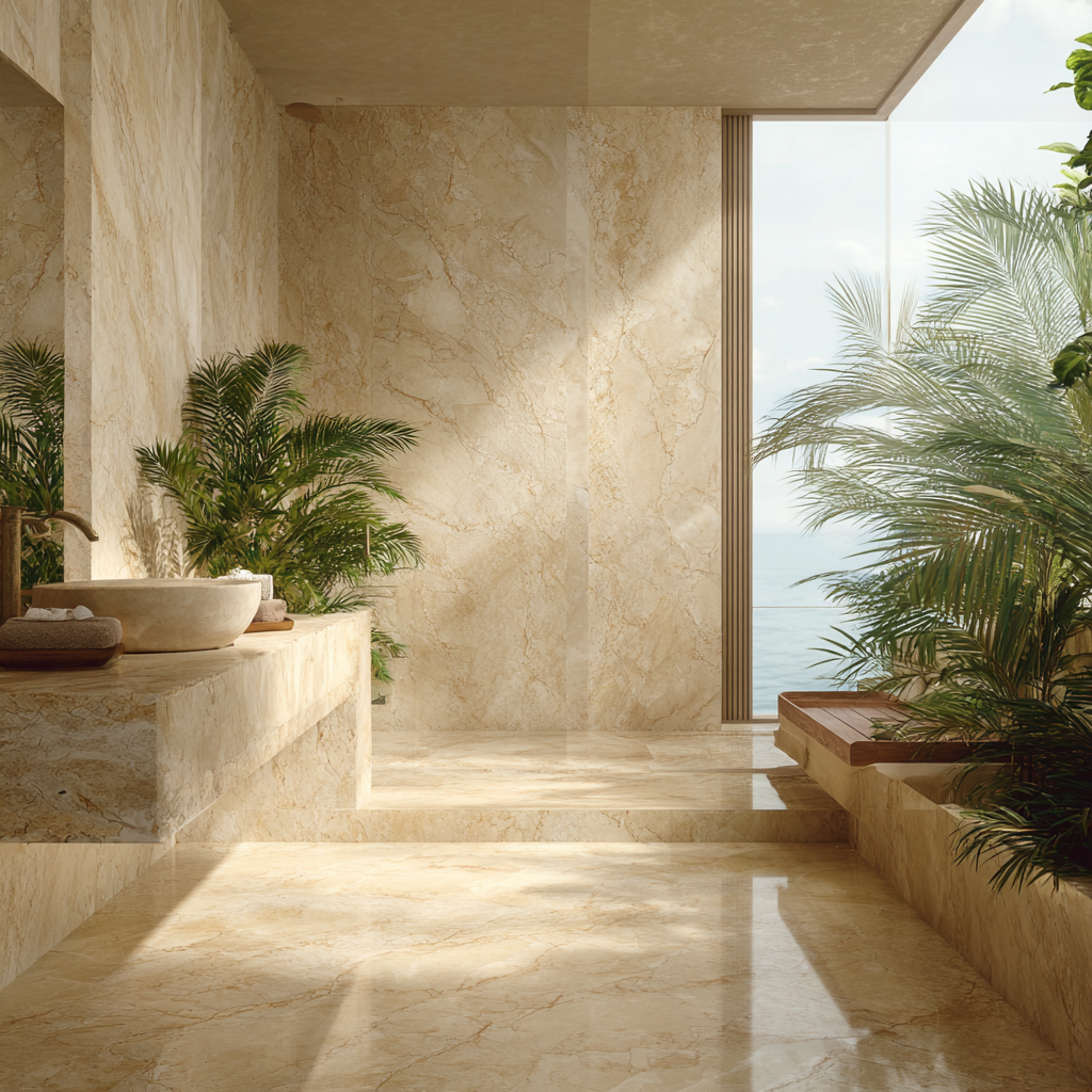 Baño tropical de lujo con pisos y muros en Mármol Crema Arena. Distribución de Recubrimientos Naturales en Cancún para toda la Riviera Maya.