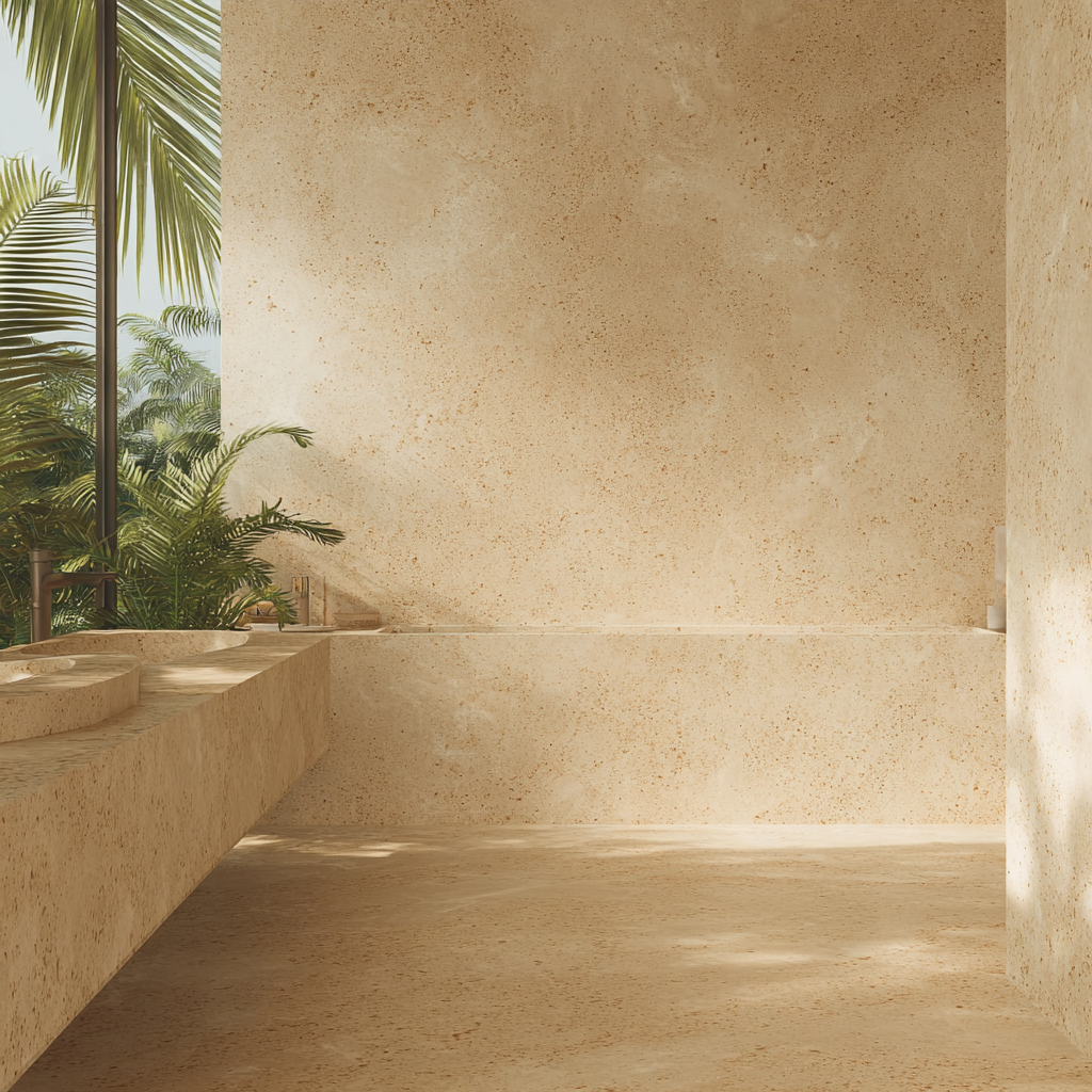 Baño tropical minimalista revestido en Mármol Crema Arena. Distribución por Recubrimientos Naturales en Cancún para toda la Riviera Maya.