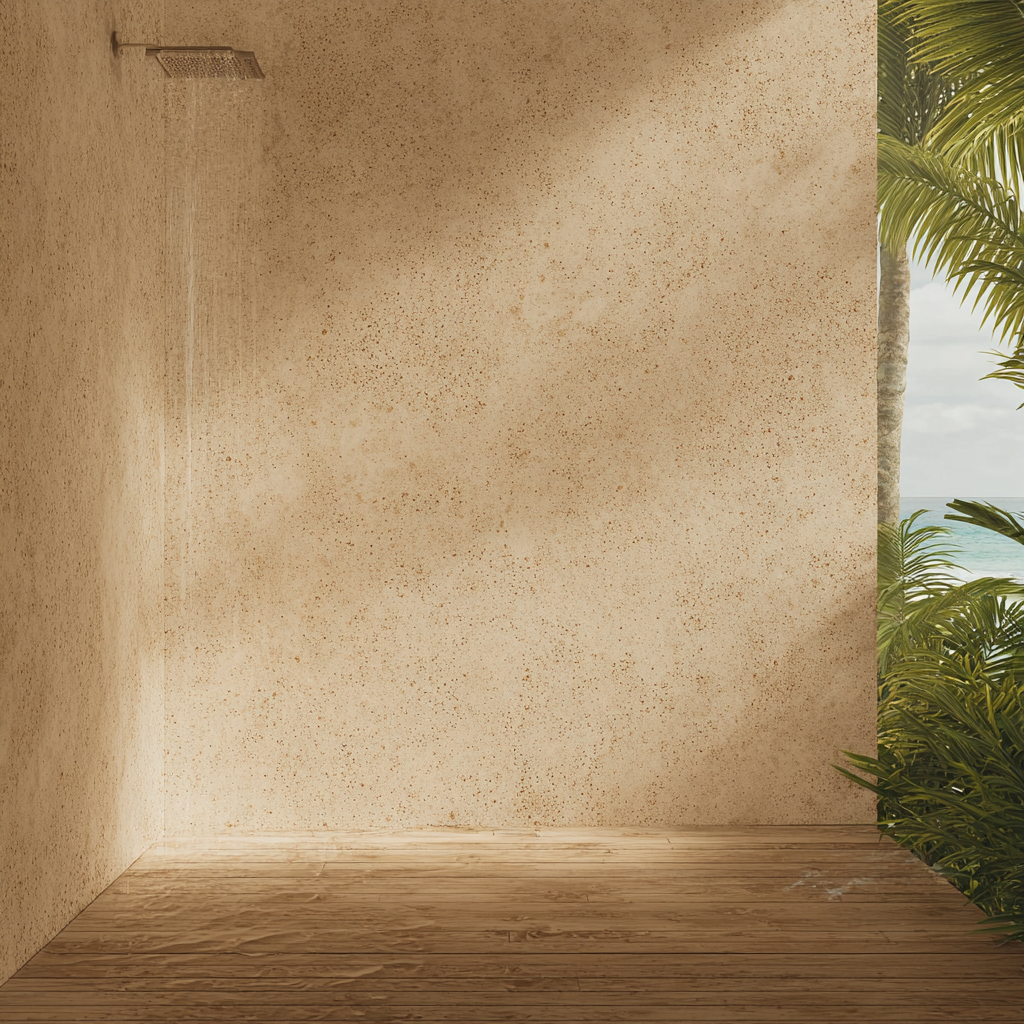 Regadera exterior con revestimiento de Mármol Crema Arena. Marca Recubrimientos Naturales en Cancún, distribución a toda la Riviera Maya.