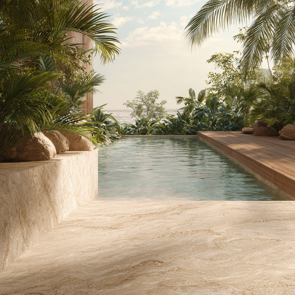 Spa con acabado en Mármol Crema Arena y piscina infinity. Recubrimientos Naturales, Cancún, con distribución a toda la Riviera Maya.