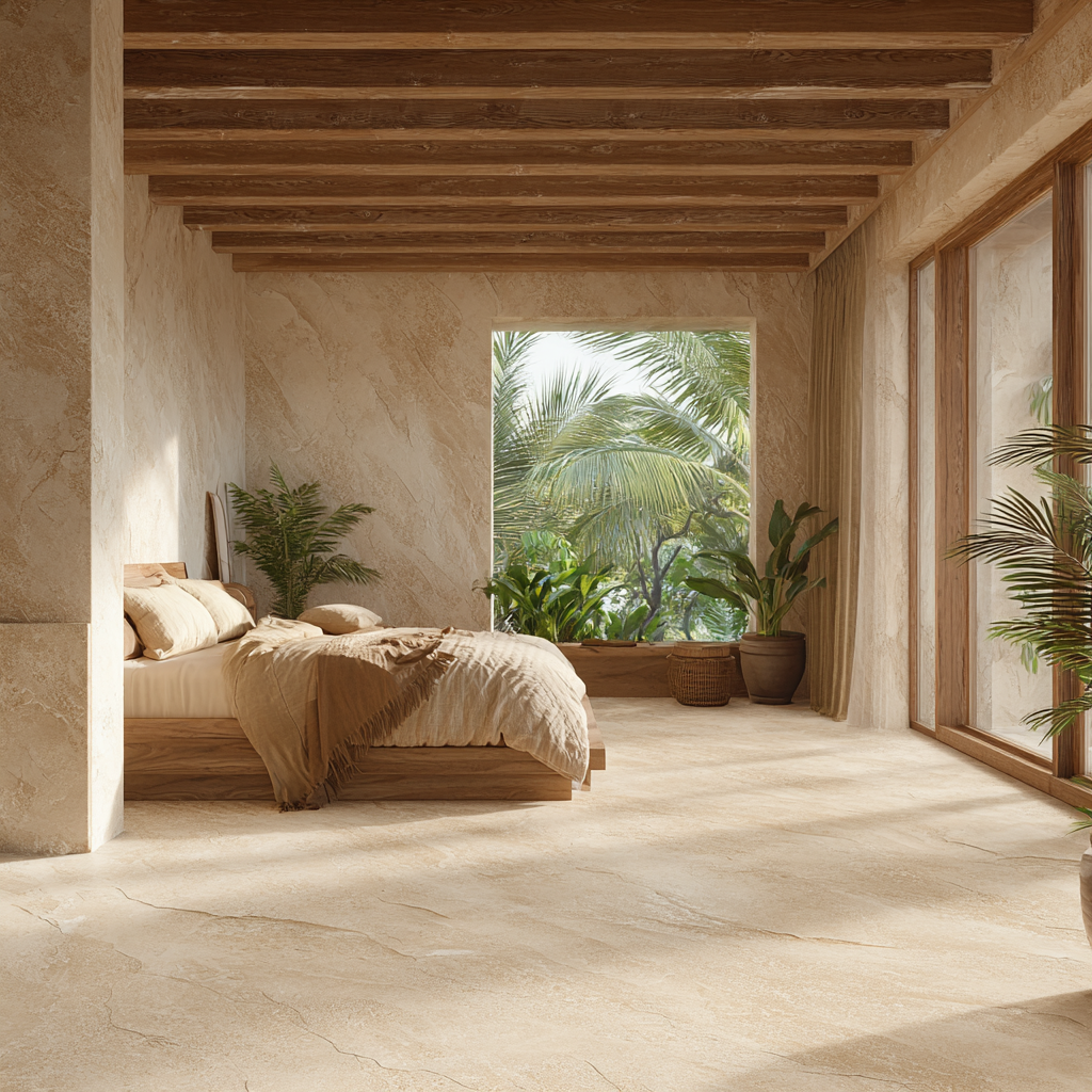 Suite de hotel tropical con piso y paredes en Mármol Crema Arena. Distribuido por Recubrimientos Naturales en Cancún, con cobertura en toda la Riviera Maya.