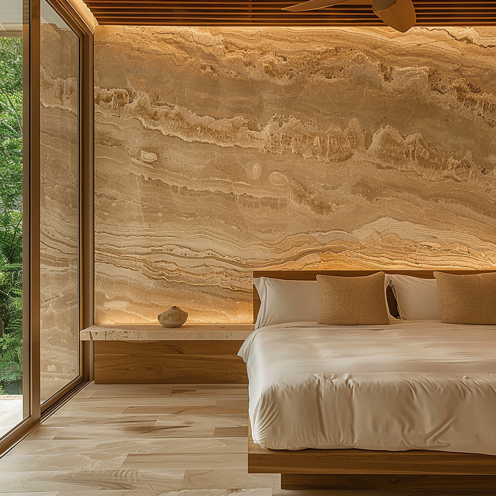 Suite de lujo con muro decorativo de Mármol Serpentino en Cancún, de la marca Recubrimientos Naturales, distribuido en toda la Riviera Maya.