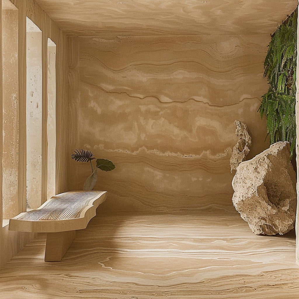 Galería interior con muros, piso y mobiliario en Mármol Serpentino. Diseño natural, cálido y elegante ideal para residencias tropicales en la Riviera Maya.