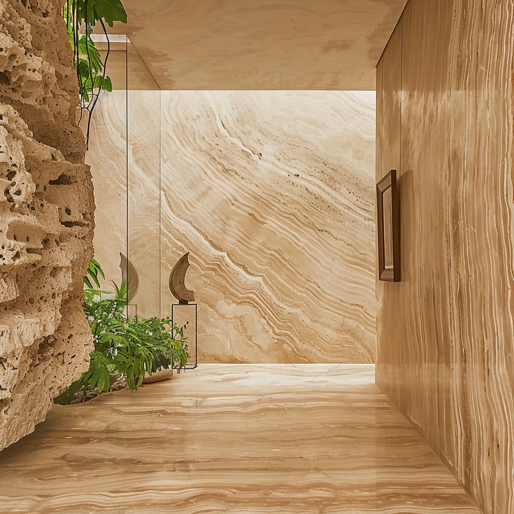 Pasillo estilo galería con muros y piso de Mármol Serpentino en una residencia de lujo en Cancún, de la marca Recubrimientos Naturales, con distribución en toda la Riviera Maya.