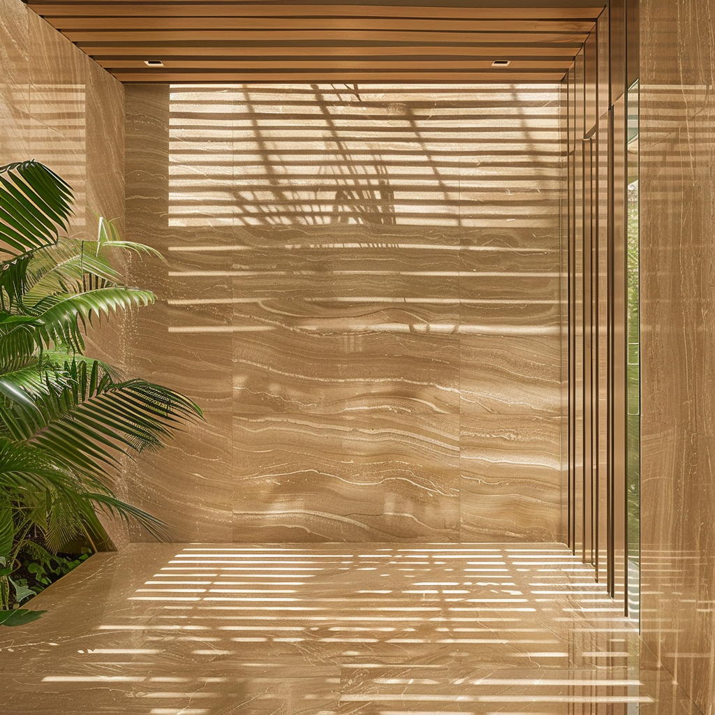 Baño minimalista con revestimientos de Mármol Serpentino, diseño tropical y luz natural filtrada, en Cancún. Mármol de la marca Recubrimientos Naturales con distribución en toda la Riviera Maya.