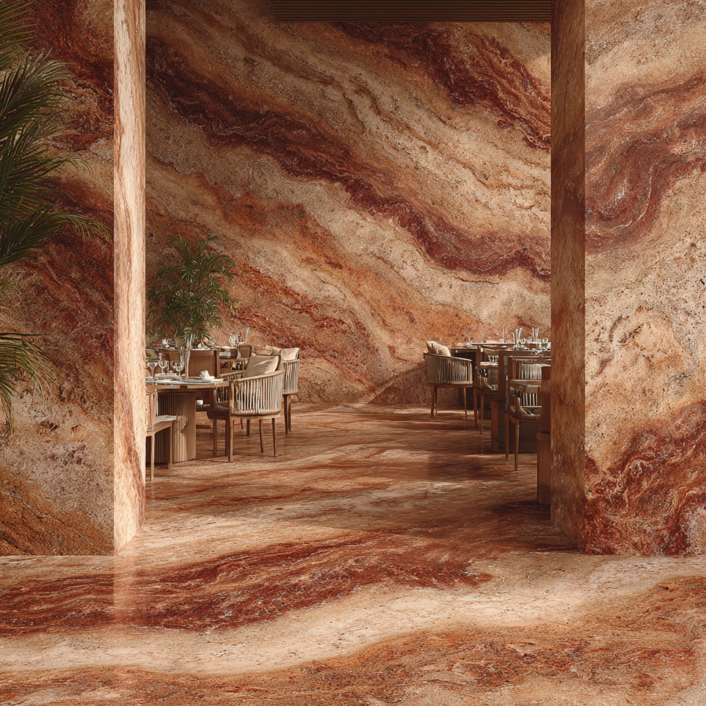 Restaurante de alta gama con diseño interior en Mármol Travertino Rojo, distribuido por Recubrimientos Naturales en Cancún y toda la Riviera Maya.